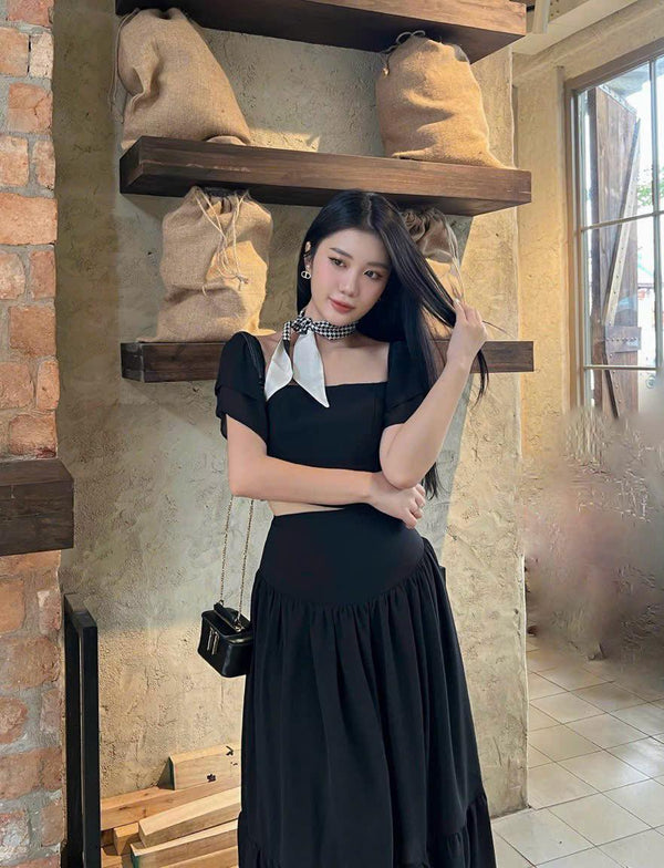 Puff Sleeves Black Top With Plain Shirred Midi High Waist Skirt