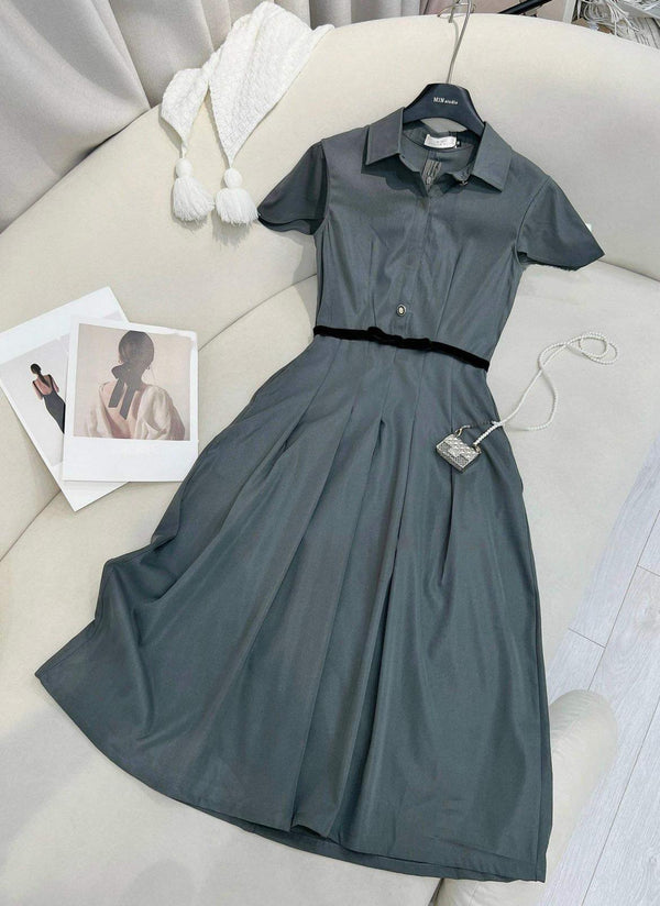 Polished Dark Grey Shirt Style Wide Dress With Belt