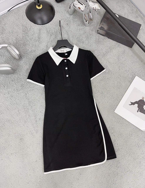 Vintage Polo White Collar Contrast Mini Dress (Korea Style)